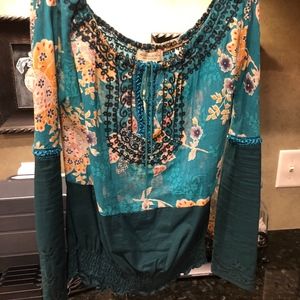 Moon Collection Green Print Boho Shirt L